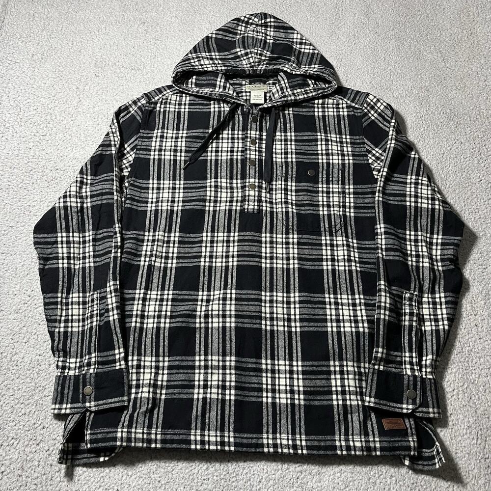 LL Bean Flannel Mens Medium Black Plaid Hooded Button Slightly Fitted Outdoor